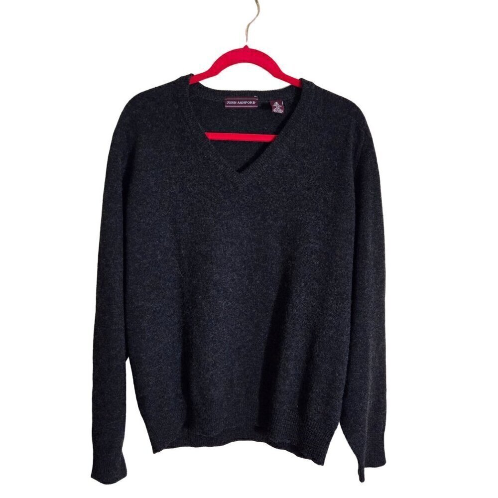 John Ashford Vintage Charcoal Gray 100% Lambswool V Neck Classic Sweater Size XL